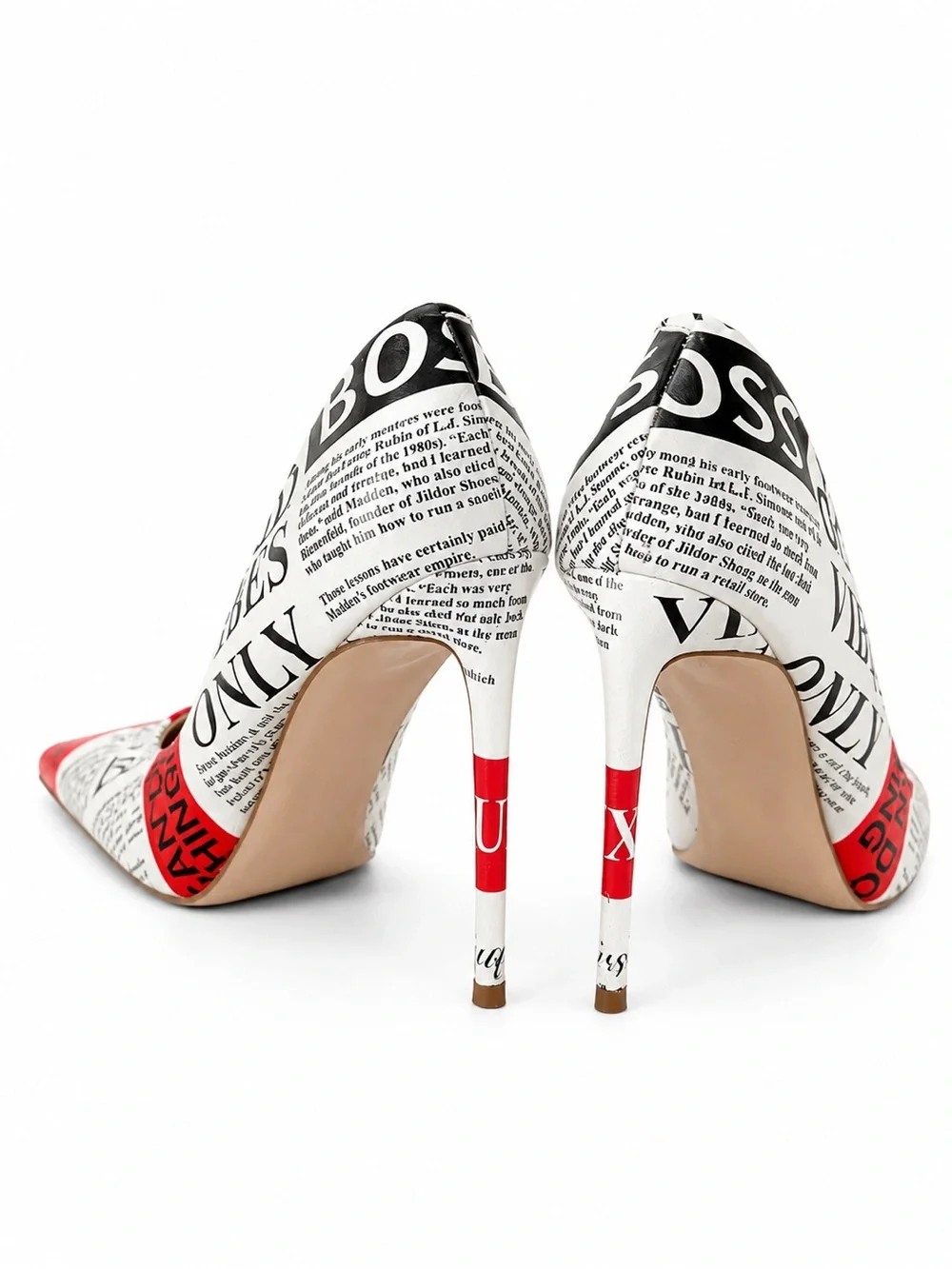 Steve Madden Newspaper-Print Pointed Stiletto Pumps in White, Black and Red